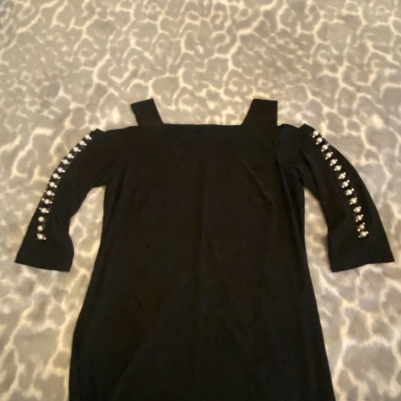Black cold shoulder Cocktail dress with pearl & rhinestone sleeves S. Levine Med - Picture 2 of 16